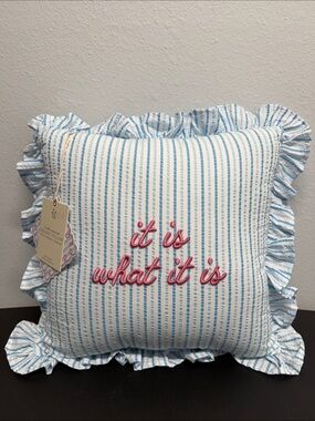 Style House | “It Is What It Is” Embroidered Striped Ruffle Square Pillow
